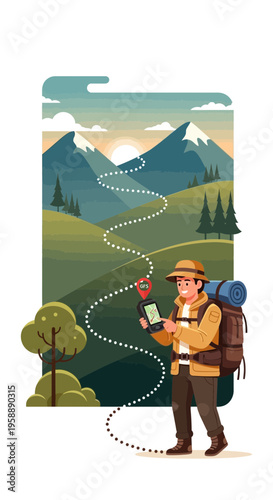 Adventurous Hiker Navigating Mountain Trails With Digital Map Device