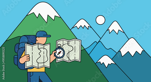 Adventurous Hiker Navigating Mountains With Map And Compass Seeking Scenic Trails