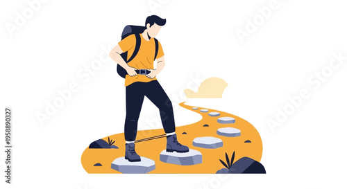 Adventurous Hiker Navigating Rocky Path Stepping Stones Towards Horizon