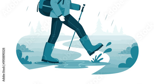Adventurous Hiker Navigating Rainy Trail With Backpack And Trekking Poles