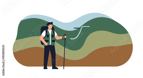 Adventurous Hiker Navigating Rolling Hills And Abstract Landscape