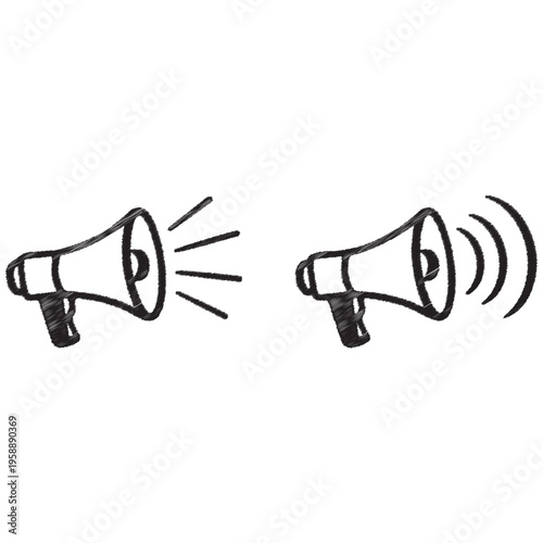 Two hand drawn black megaphones one with sound waves one with lines announcement communication