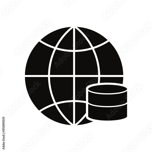 Icon representing global data storage and internet database access as a simple black graphic