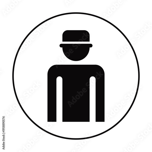 Simple black silhouette of a person wearing a hat inside a white circle isolated on a transparent background
