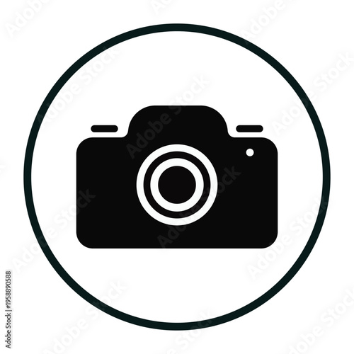 Simple black and white icon representing a digital camera inside a circular frame