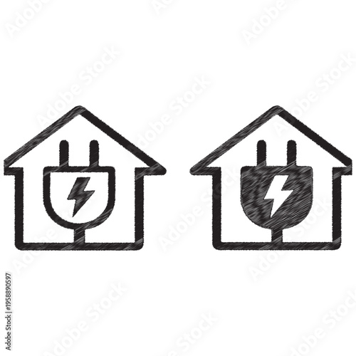 Two houses with electrical plug symbols inside and lightning bolt home electricity