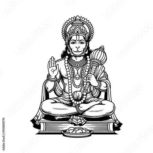Hindu deity Hanuman in meditative pose.