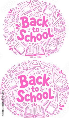 Back to School Pink Circular Doodle with School Supplies, Cute Hand Drawn Education Vector Illustration