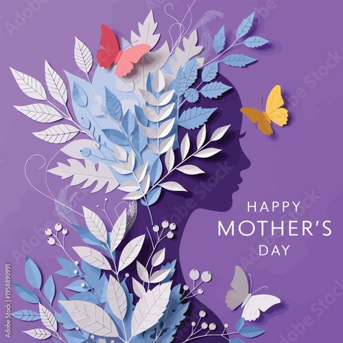 A paper-cut illustration depicting a woman’s profile intertwined with floral and butterfly elements.
