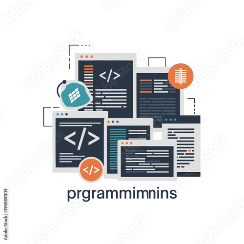 Illustration of multiple computer screens displaying code and programming concepts, representing software development and technology.