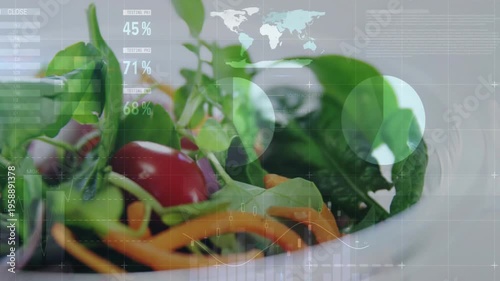 Vertical video: Panning camera right, zooming to show studio bowl with greens, carrots and HUD data