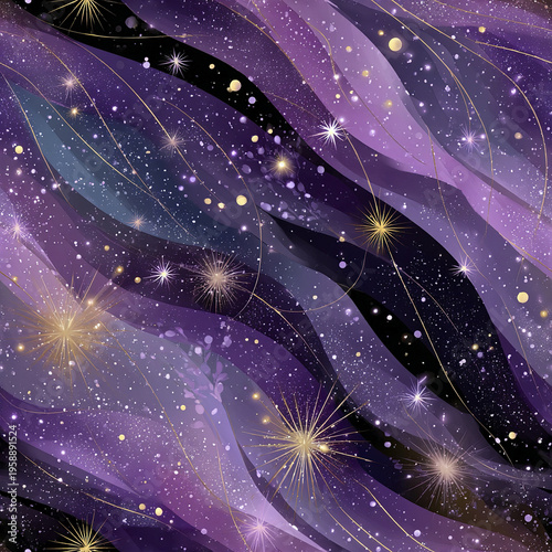 Abstract galaxy background with purple and black waves, golden sparkles, and glittering stars creating magical and festive atmosphere full of cosmic beauty and elegance