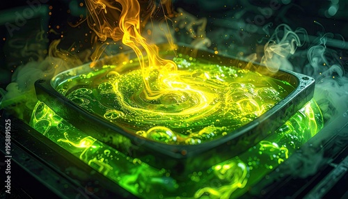 A glowing, square container of bubbling green liquid with a fiery emanation