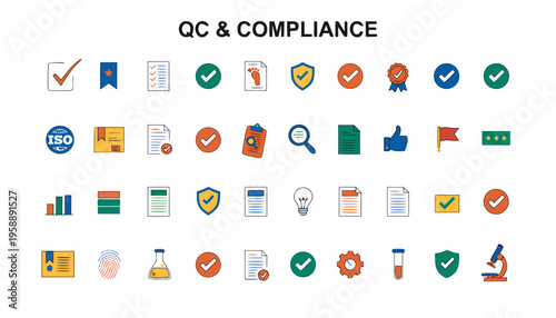 Line icon pack for quality control and compliance featuring checklist, inspection and verification symbols. Ideal for manufacturing, corporate systems and workflow management UI.