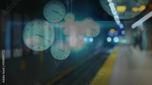 Vertical video: Floating clocks drifting across station overlaying as train nearing evoking time