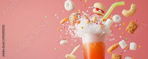 Sweet Temptation - Creative Representation of Overflowing Sugary Drinks and Ultra-Processed Food, Illustrating the Dangers of Sugar Overload