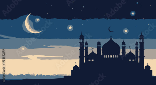 Mosque Silhouette at Night with Crescent Moon and Stars