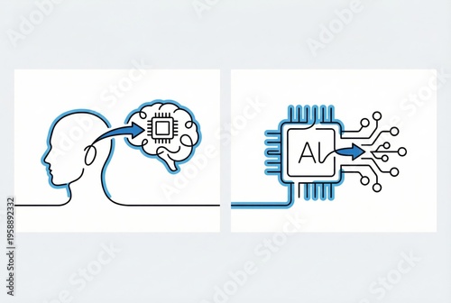 Human cognitive synergy with artificial intelligence represented through neural connections and microchip integration defining the future of technology and consciousness