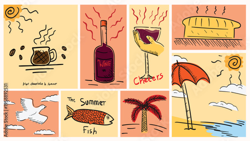 Cheerful vibrant summer illustrations. pop of summer fun to your needs with these vibrant illustrations featuring hot chocolate, wine, and beach scenes.