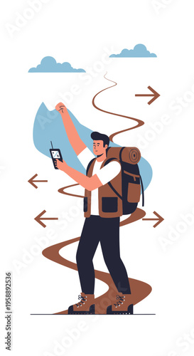 Adventurous Hiker Navigating With Compass And Backpack On Mountain Trail