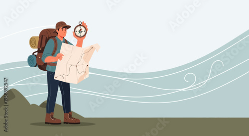 Adventurous Hiker Navigating With Map And Compass During Exploration
