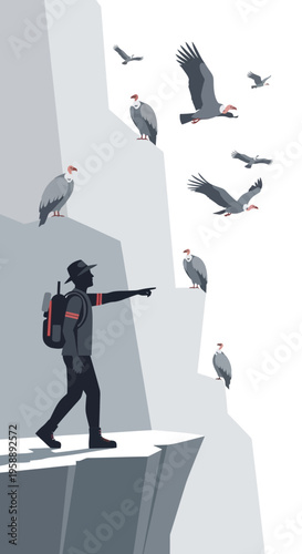 Adventurous Hiker Observing Majestic Vultures In Awe Inspiring Mountain Landscape