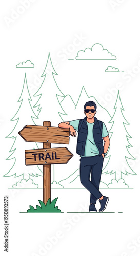 Adventurous Hiker Pauses At Scenic Trailhead Sign