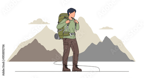 Adventurous Hiker Prepares For Mountain Ascent With Backpack