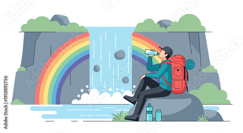 Adventurous Hiker Quenches Thirst by Majestic Waterfall Featuring Vibrant Rainbow