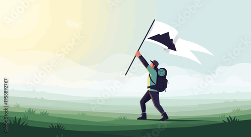 Adventurous Hiker Raises Flag Atop Misty Summit Celebrating Peak Achievement