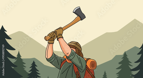 Adventurous Hiker Raising Axe in Mountain Forest Scene