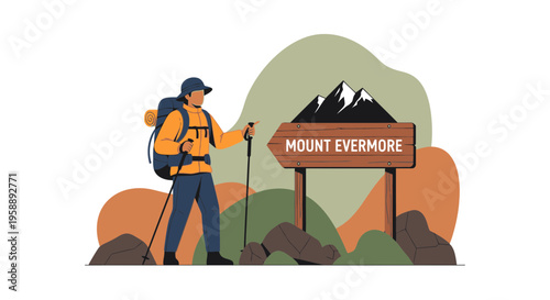 Adventurous Hiker Reaches Mount Evermore Summit Sign with Backpack and Poles