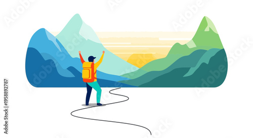 Adventurous Hiker Reaching Mountain Summit At Sunrise Vibrant Landscape
