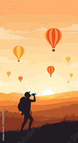 Adventurous Hiker Watches Vibrant Hot Air Balloons Ascend Over Scenic Mountain Landscape at Sunrise