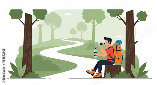 Adventurous Hiker Taking Refreshment Break On Forest Trail Scenic View