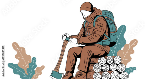 Adventurous Hiker With Axe And Backpack Resting On Woodpile