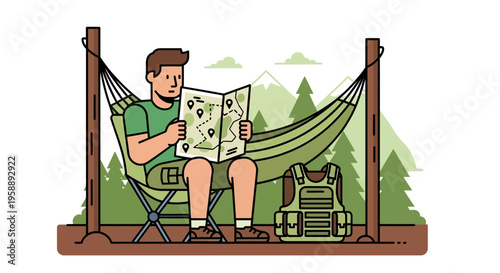 Adventurous Man Studying Map in Hammock Amidst Nature