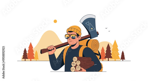 Adventurous Hiker With Axe And Firewood In Forest Landscape
