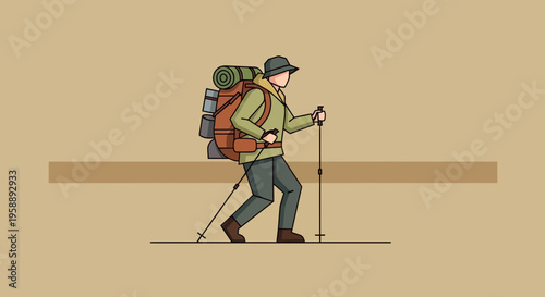 Adventurous Hiker With Backpack And Poles Journeying Outdoors
