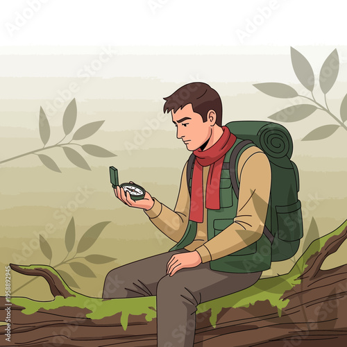 Adventurous Man With Compass Seated On A Tree Branch