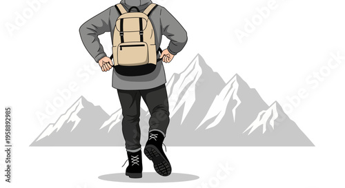 Adventurous Hiker With Backpack Facing Majestic Mountain Peaks
