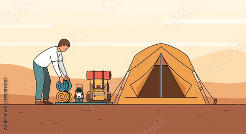Adventurous Person Preparing Camping Gear In Desert Landscape