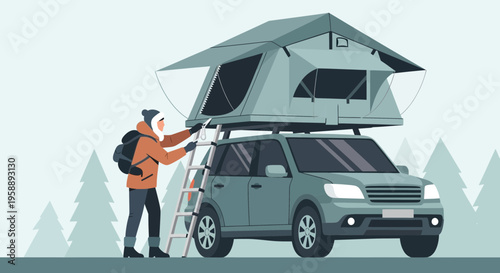 Adventurous Person Setting Up Rooftop Tent On Vehicle For Camping Trip