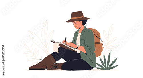 Adventurous Person Sketching Nature Flora Backpacking Journey