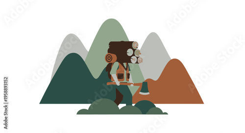 Adventurous Lumberjack Carrying Wood On Back With Axe In Mountain Landscape