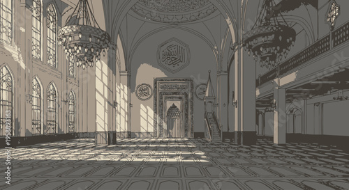 Interior of a grand historic building with arched windows