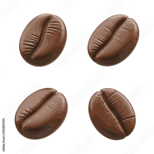 Four Realistic Coffee Beans Isolated on White Background.
