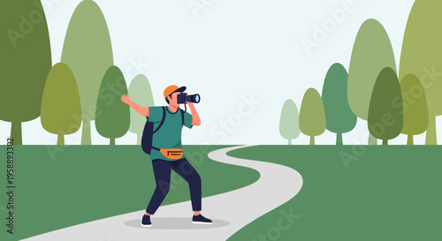 Adventurous Photographer Capturing Nature's Beauty Along a Winding Trail