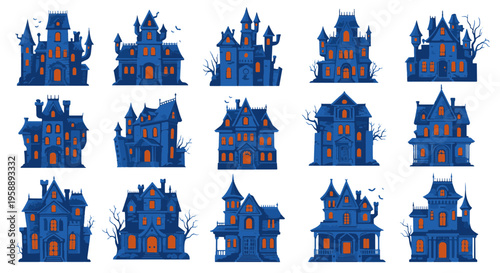 Halloween Haunted Houses Set Blue Orange Gothic Mansions Spooky Night