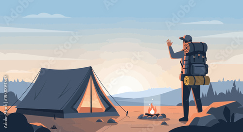Adventurous Traveler Greets Dawn At Campsite